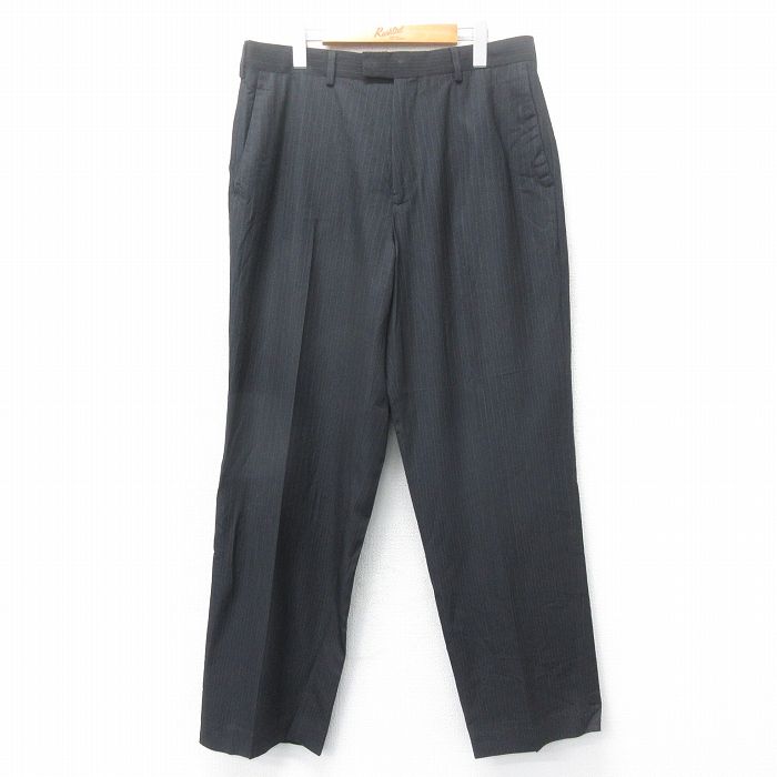 W35★古着 ペリーエリス スラックス パンツ メンズ 黒 ブラック ストライプ 25mar12 中古 ボトムス ロング