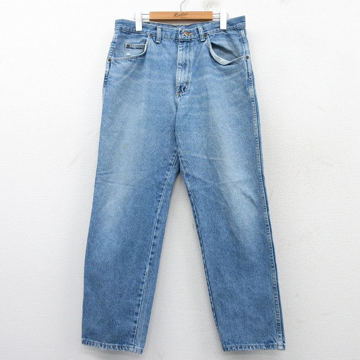 W34★古着 ラングラー Wrangler ジーンズ メンズ 90年代 90s ヒゲ コットン 紺 ネイビー デニム 【spe】 25mar12 中古 ボトムス ジーパン Gパン ロング パンツ