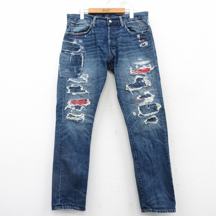 W34★古着 ラルフローレン Ralph Lauren ブランド ジーンズ メンズ ヒゲ コットン 紺 ネイビー デニム ダメージ加工 【spe】 25mar12 中古 ボトムス ジーパン Gパン ロング パンツ