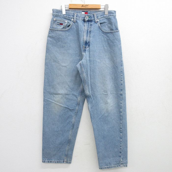 W32★古着 トミーヒルフィガー TOMMY HILFIGER ブランド ジーンズ メンズ 90年代 90s 薄紺 ネイビー デニム 25mar14 中古 ボトムス ジーパン Gパン ロング パンツ