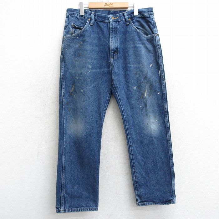 W34★古着 ラングラー Wrangler ジーンズ メンズ ヒゲ コットン 紺 ネイビー デニム 25mar15 中古 ボトムス ジーパン Gパン ロング パンツ