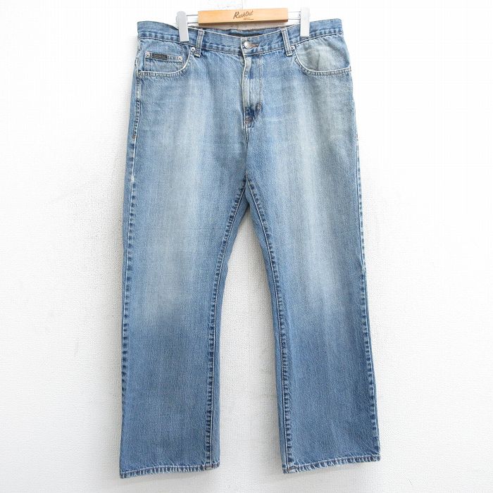 W39★古着 カルバンクライン Calvin Klein ジーンズ メンズ ヒゲ ブーツカット コットン 紺 ネイビー デニム 25mar15 中古 ボトムス ジーパン Gパン ロング パンツ
