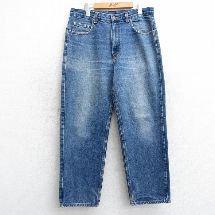W34★古着 ジーンズ メンズ ヒゲ コットン 紺 ネイビー デニム 25mar17 中古 ボトムス ジーパン Gパン ロング パンツ