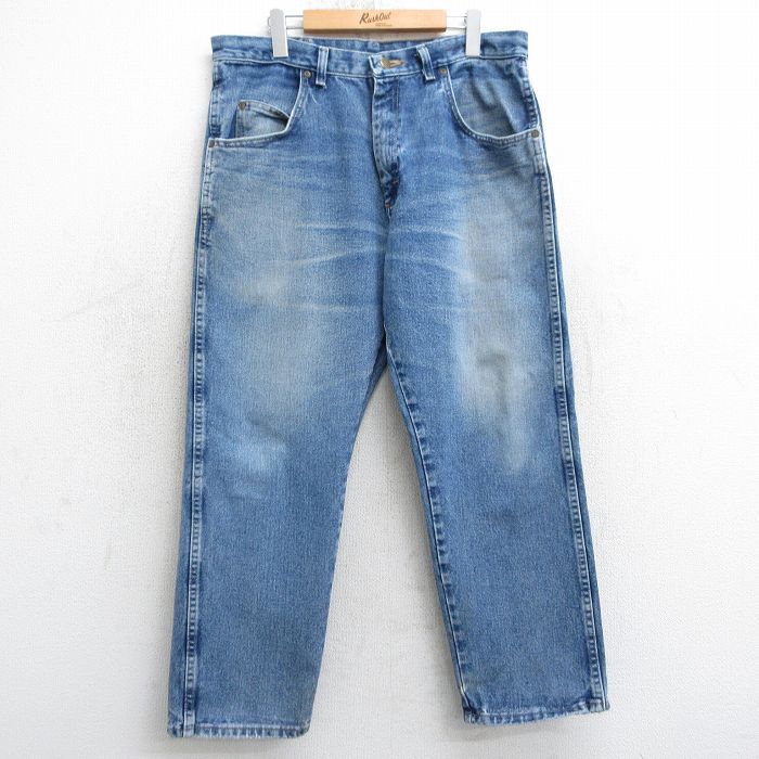 W36★古着 ラングラー Wrangler ジーンズ メンズ ヒゲ コットン 紺 ネイビー デニム 25mar17 中古 ボトムス ジーパン Gパン ロング パンツ