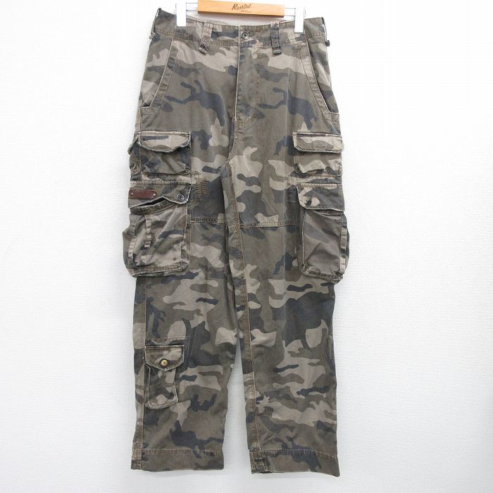 W31★古着 カーゴ パンツ メンズ コットン 茶 ブラウン 迷彩 25mar17 中古 ボトムス ロング