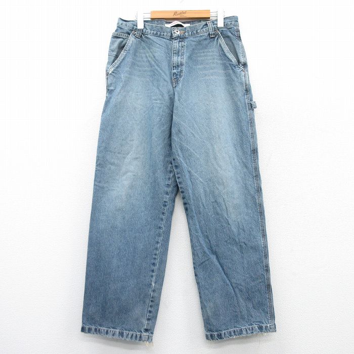 W34★古着 ペインター パンツ メンズ ヒゲ コットン 紺 ネイビー デニム 25mar18 中古 ボトムス ロング