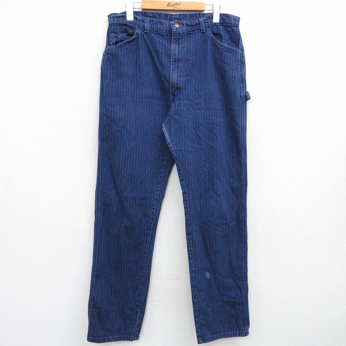 W34★古着 DEECEE ペインター パンツ メンズ 80年代 80s コットン USA製 紺他 ネイビー デニム ストライプ 【spe】 25mar19 中古 ボトムス ロング