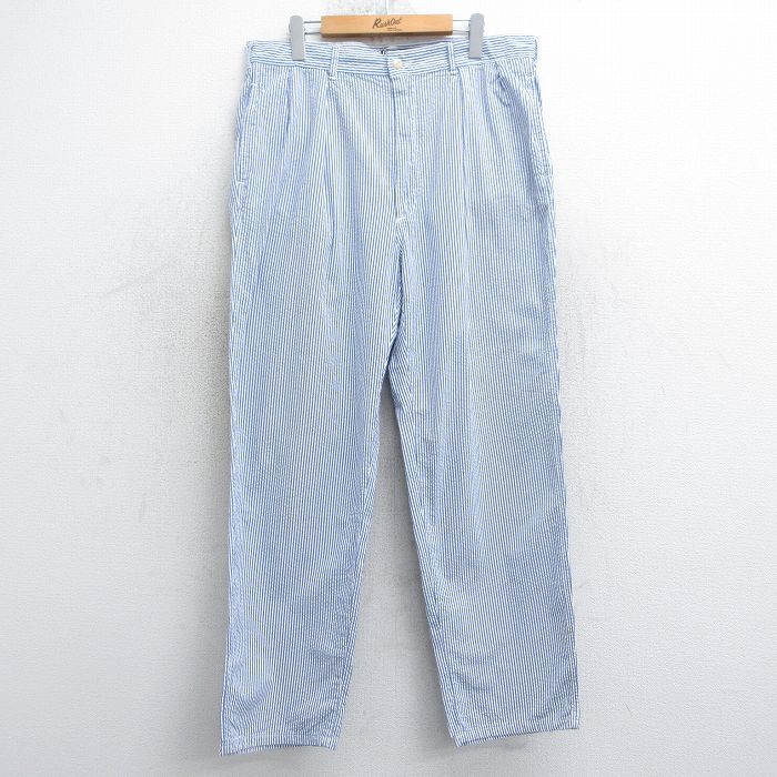W36★古着 ラルフローレン Ralph Lauren ブランド パンツ メンズ 90年代 90s シアサッカー コットン USA製 薄紺他 ネイビー ストライプ 【spe】 25mar25 中古 ボトムス ロング