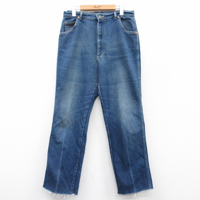 W33★古着 リー Lee ジーンズ メンズ 90年代 90s ヒゲ USA製 紺 ネイビー デニム 25mar25 中古 ボトムス ジーパン Gパン ロング パンツ