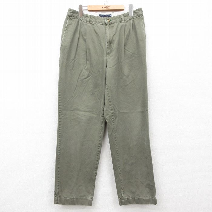 W34★古着 トミーヒルフィガー TOMMY HILFIGER ブランド パンツ メンズ コットン 濃緑 グリーン 25mar27 中古 ボトムス ロング