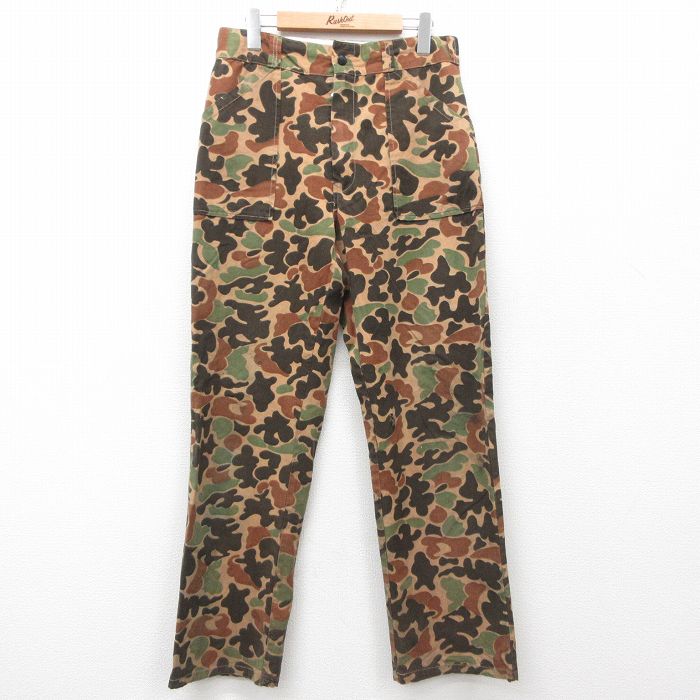 W32★古着 ハンティング ベイカー パンツ メンズ 80年代 80s ダックハンターカモ 茶他 ブラウン 迷彩 25mar27 中古 ボトムス ロング