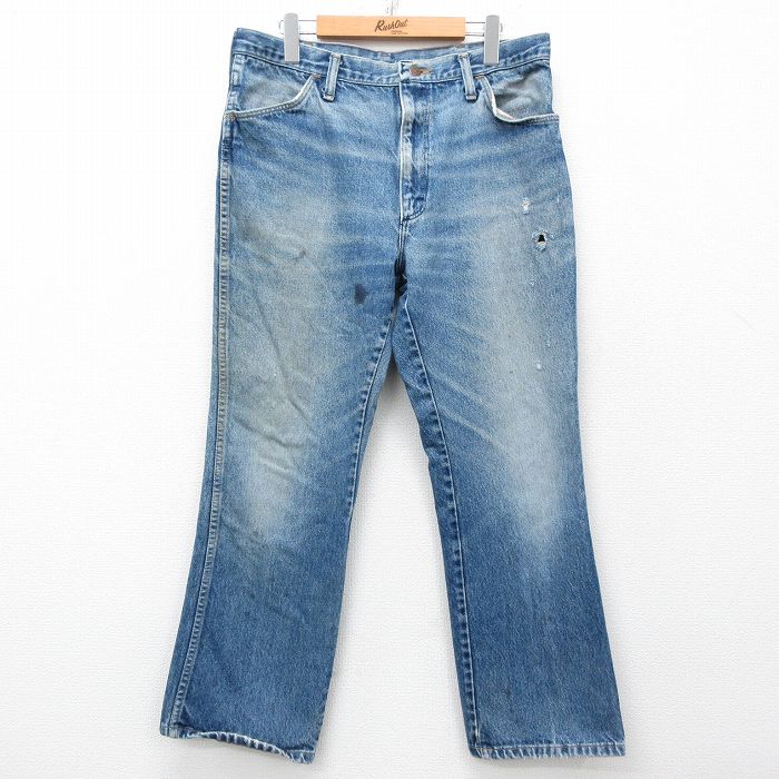 W34★古着 ラスラー ジーンズ メンズ 90年代 90s ヒゲ USA製 紺 ネイビー デニム 25mar27 中古 ボトムス ジーパン Gパン ロング パンツ