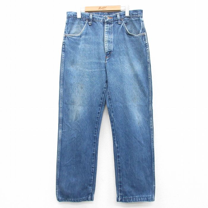 W33★古着 ラスラー ジーンズ メンズ ヒゲ 紺 ネイビー デニム 25mar27 中古 ボトムス ジーパン Gパン ロング パンツ