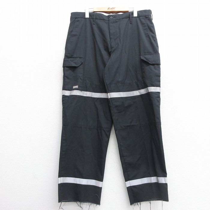 W37★古着 ワーク カーゴ パンツ メンズ リフレクター 黒 ブラック 25mar28 中古 ボトムス ロング