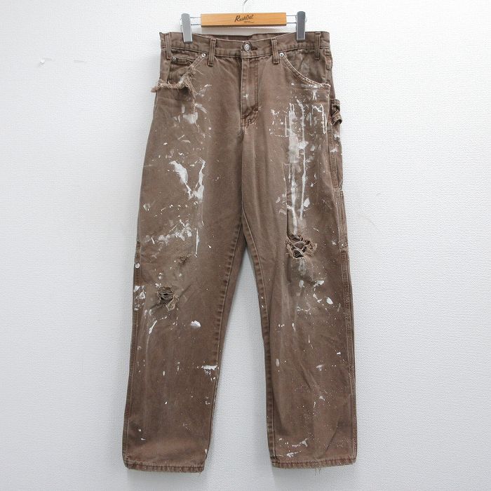 W33★古着 ディッキーズ Dickies ペインター パンツ メンズ ボロ ダック地 コットン 濃茶 ブラウン 25mar29 中古 ボトムス ロング