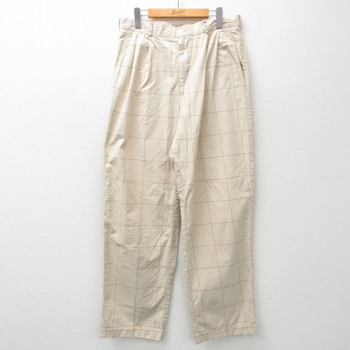 【50%OFF】W33★古着 ペリーエリス パンツ メンズ 90年代 90s コットン 薄ベージュ他 カーキ チェック 25mar31 中古 ボトムス ロング