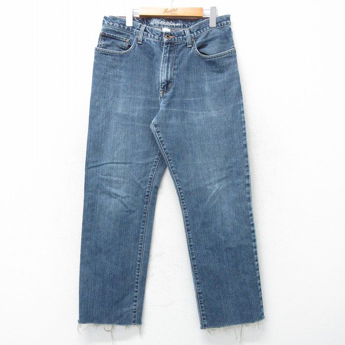 W33★古着 エディーバウアー ジーンズ メンズ ヒゲ コットン 紺 ネイビー デニム 25apr01 中古 ボトムス ジーパン Gパン ロング パンツ