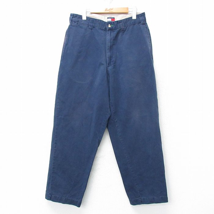 W33★古着 トミーヒルフィガー TOMMY HILFIGER ブランド チノ パンツ チノパン メンズ 90年代 90s コットン 紺 ネイビー 25apr01 中古 ボトムス ロング