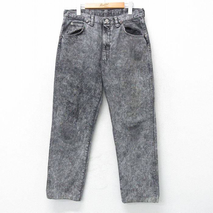 W34★古着 ラングラー Wrangler ジーンズ メンズ 80年代 80s ケミカルウォッシュ USA製 黒 ブラック デニム 【spe】 25apr01 中古 ボトムス ジーパン Gパン ロング パンツ