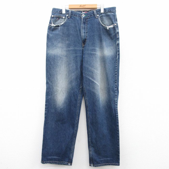 W36★古着 トミーヒルフィガー TOMMY HILFIGER トミージーンズ ブランド ジーンズ メンズ 90年代 90s ヒゲ コットン 紺 ネイビー デニム 【spe】 25apr01 中古 ボトムス ジーパン Gパン ロング パンツ