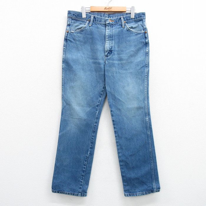 W32★古着 ラングラー Wrangler ジーンズ メンズ 90年代 90s ヒゲ コットン USA製 紺 ネイビー デニム 25apr04 中古 ボトムス ジーパン Gパン ロング パンツ