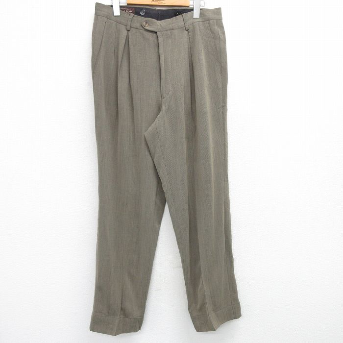 W32★古着 スラックス パンツ メンズ ウール 茶系 ブラウン 25apr04 中古 ボトムス ロング