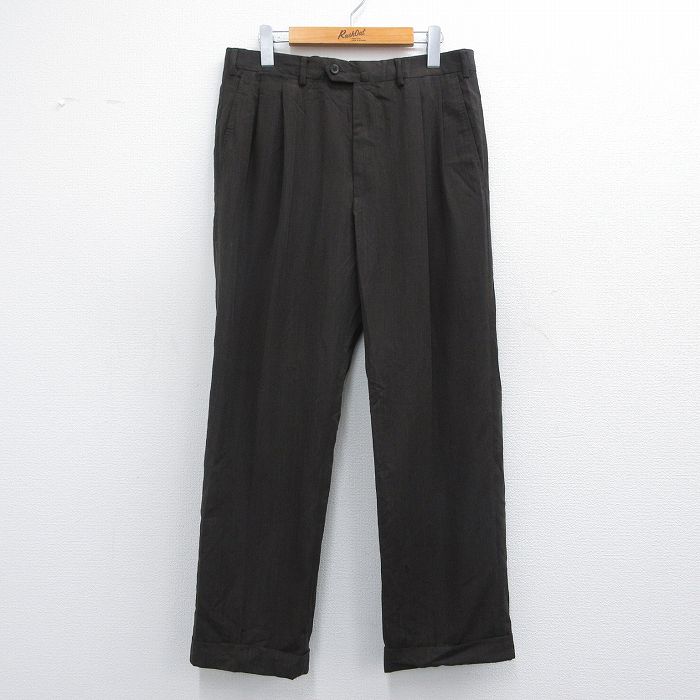W32★古着 スラックス パンツ メンズ ウール 茶 ブラウン 25apr10 中古 ボトムス ロング