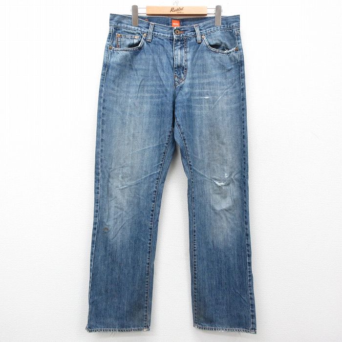 W33★古着 BOSS ジーンズ メンズ ヒゲ 紺 ネイビー デニム 25apr11 中古 ボトムス ジーパン Gパン ロング パンツ