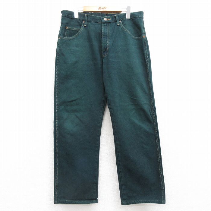 W34★古着 ラングラー Wrangler ジーンズ メンズ ヒゲ コットン 濃緑 グリーン デニム 【spe】 25apr12 中古 ボトムス ジーパン Gパン ロング パンツ