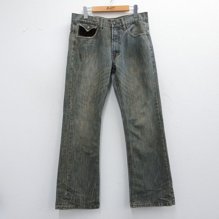 W33★古着 ジーンズ メンズ ブーツカット フレア 紺系 ネイビー デニム 25apr14 中古 ボトムス ジーパン Gパン ロング パンツ