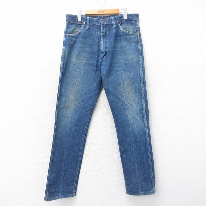W35★古着 ラングラー Wrangler ジーンズ メンズ 90年代 90s ヒゲ コットン USA製 紺 ネイビー デニム 25apr14 中古 ボトムス ジーパン Gパン ロング パンツ
