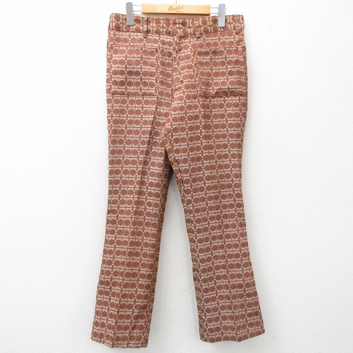 W31★古着 シアーズ スラックス パンツ メンズ 70年代 70s フレア 総柄 タロン 茶系 ブラウン 【spe】 25apr16 中古 ボトムス ロング