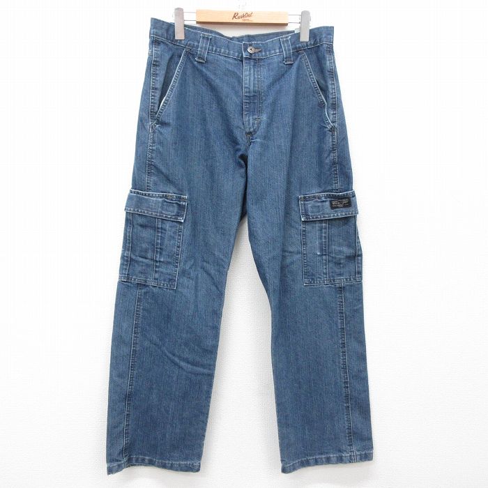 W32★古着 ラングラー Wrangler カーゴ パンツ メンズ 紺 ネイビー デニム 25apr21 中古 ボトムス ロング