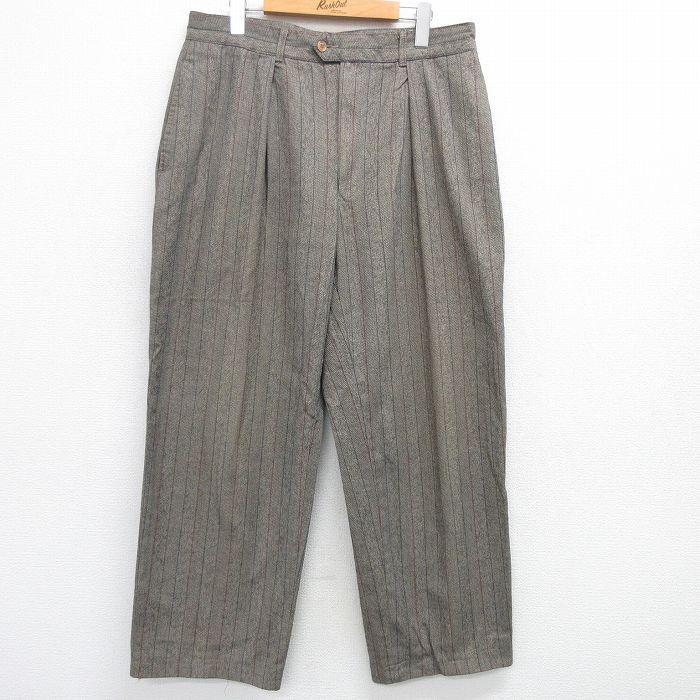 W34★古着 スラックス パンツ メンズ 90年代 90s コットン ベージュ系他 カーキ ストライプ 25apr23 中古 ボトムス ロング