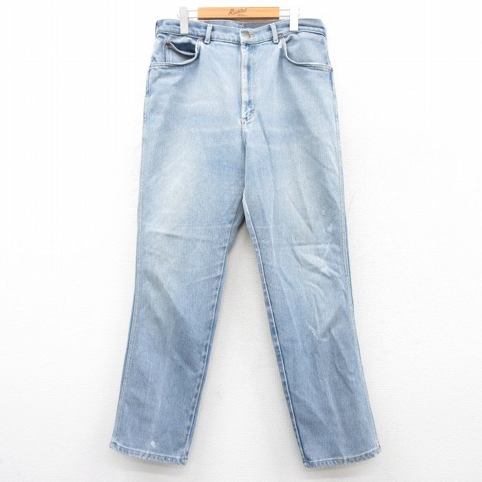 W34★古着 リー Lee ジーンズ メンズ 90年代 90s ヒゲ USA製 薄紺 ネイビー デニム 【spe】 25may10 中古 ボトムス ジーパン Gパン ロング パンツ