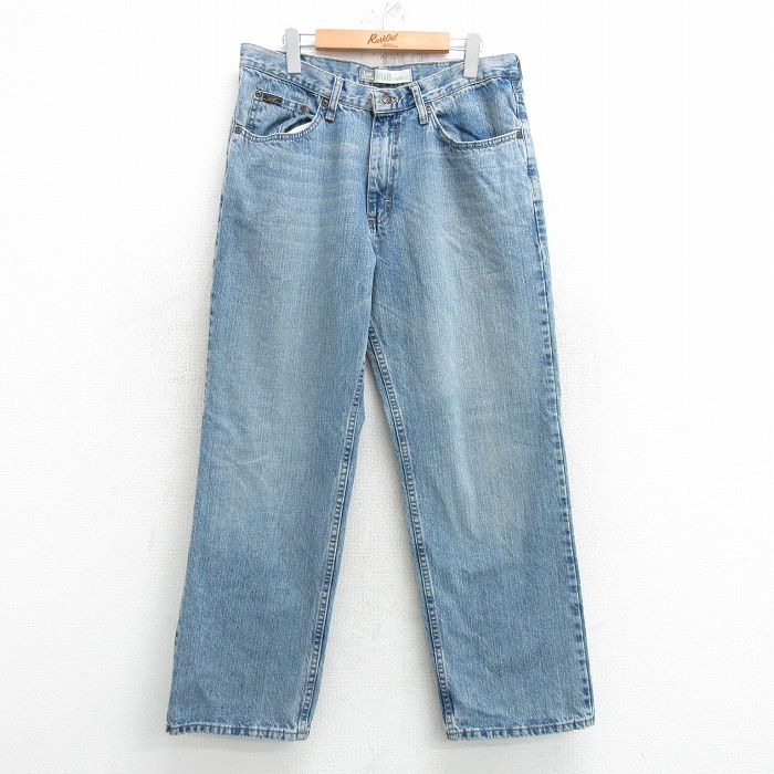 W34★古着 リー Lee ジーンズ メンズ ヒゲ コットン 薄紺 ネイビー デニム 25may10 中古 ボトムス ジーパン Gパン ロング パンツ