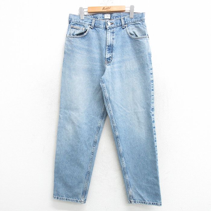 W39★古着 カルバンクライン Calvin Klein ジーンズ メンズ ヒゲ コットン 薄紺 ネイビー デニム 25may10 中古 ボトムス ジーパン Gパン ロング パンツ