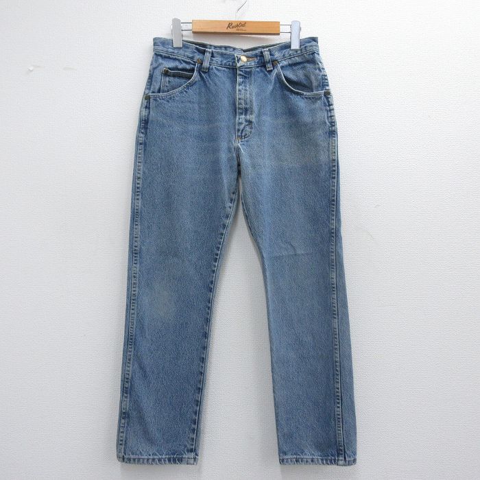 W31★古着 ラングラー Wrangler ジーンズ メンズ ヒゲ コットン 紺 ネイビー デニム 25may12 中古 ボトムス ジーパン Gパン ロング パンツ