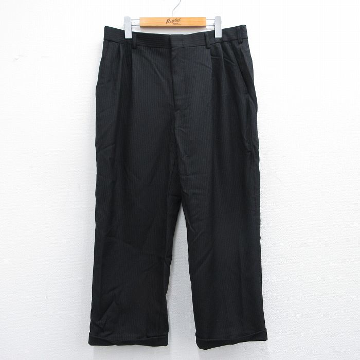 W36★古着 スラックス パンツ メンズ 90年代 90s リネン 黒 ブラック ストライプ 25may12 中古 ボトムス ロング