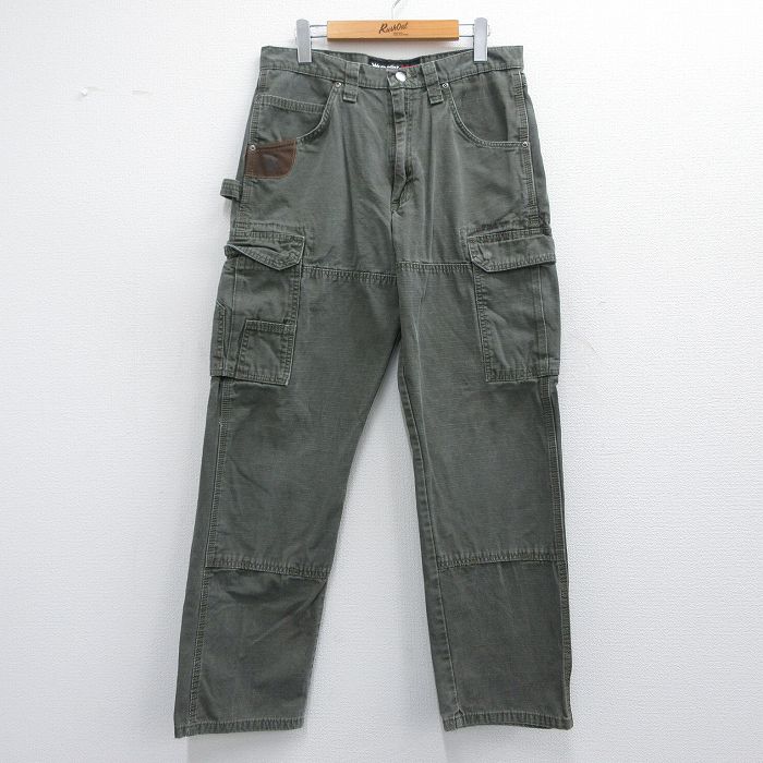 W32★古着 ラングラー Wrangler カーゴ ペインター パンツ メンズ リップストップ コットン 濃緑 グリーン 25may12 中古 ボトムス ロング