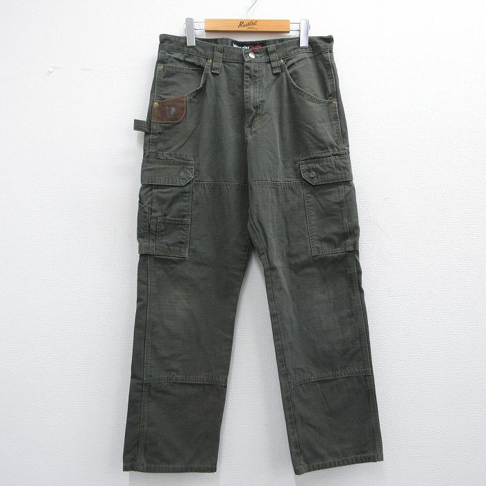 W33★古着 ラングラー Wrangler カーゴ ペインター パンツ メンズ リップストップ コットン 濃緑 グリーン 25may12 中古 ボトムス ロング