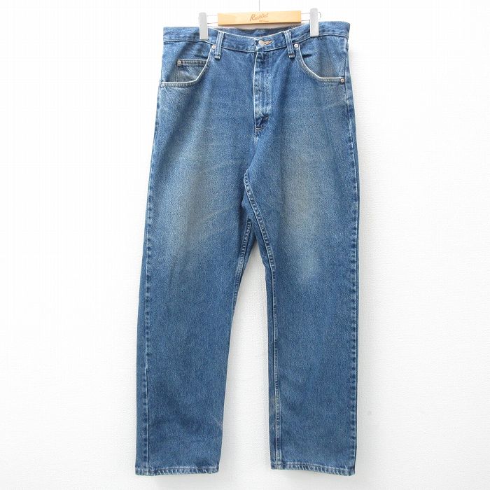 W36★古着 ラングラー Wrangler ジーンズ メンズ ヒゲ コットン 紺 ネイビー デニム 25may17 中古 ボトムス ジーパン Gパン ロング パンツ