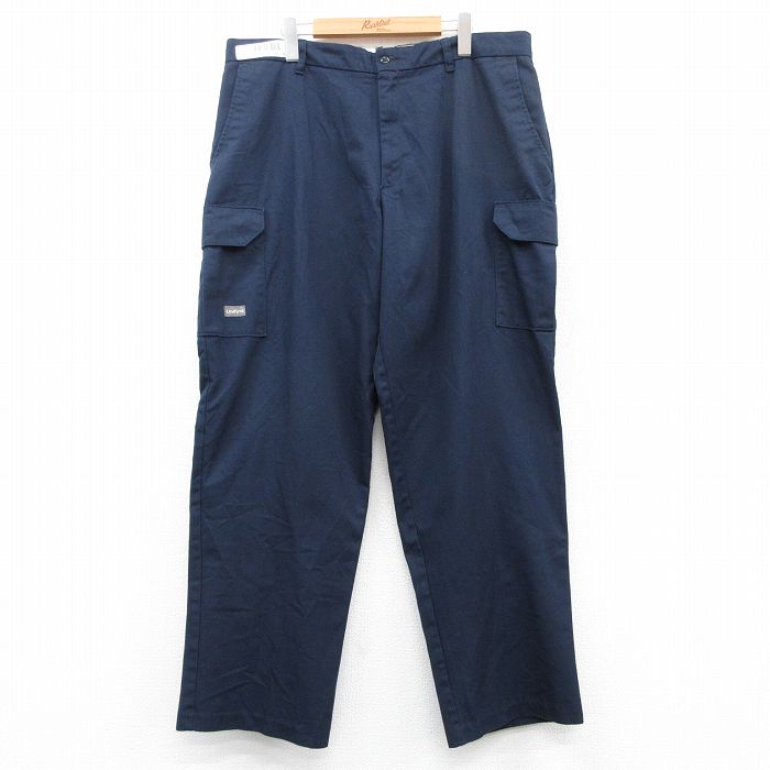 W38★古着 ワーク カーゴ パンツ メンズ 紺 ネイビー 25may21 中古 ボトムス ロング