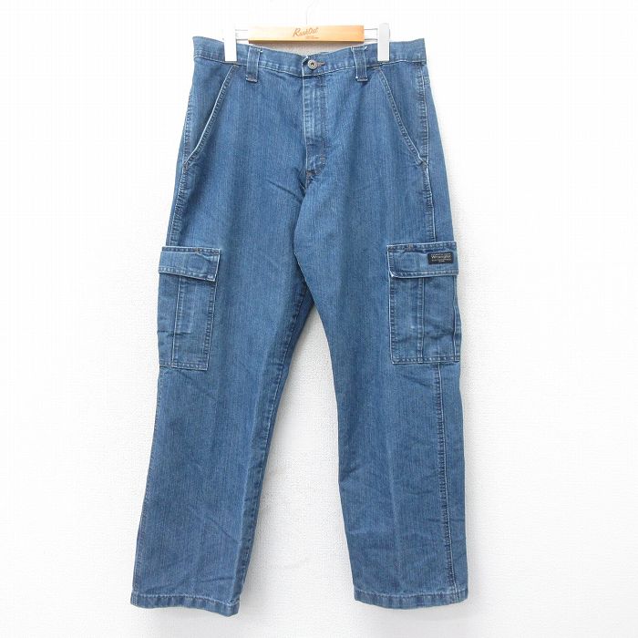 W32★古着 ラングラー Wrangler カーゴ パンツ メンズ 紺 ネイビー デニム 25may22 中古 ボトムス ロング