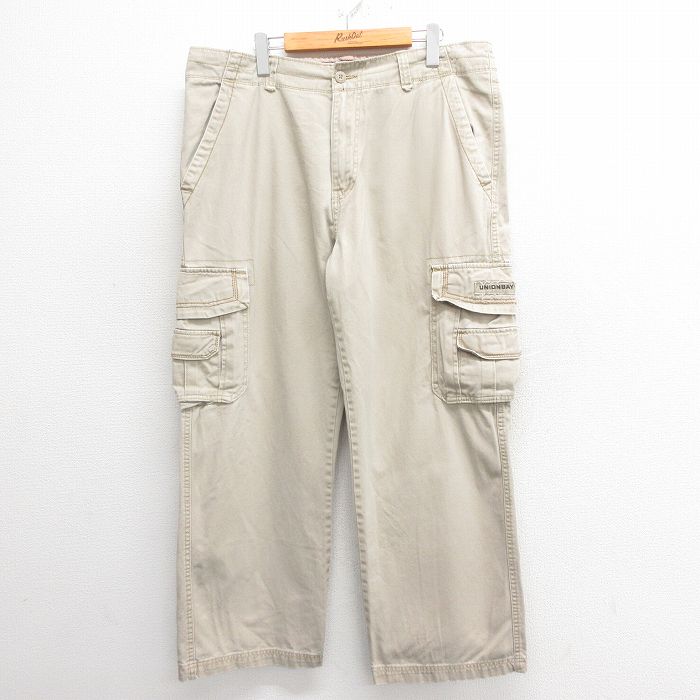 W39★古着 ユニオンベイ カーゴ パンツ メンズ 大きいサイズ コットン 薄ベージュ カーキ 25may27 中古 ボトムス ロング