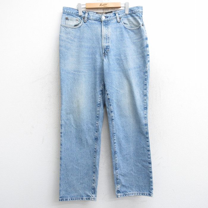 W36★古着 STRUCTURE ジーンズ メンズ ヒゲ コットン 薄紺 ネイビー デニム 25may28 中古 ボトムス ジーパン Gパン ロング パンツ