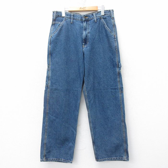 W35★古着 ペインター パンツ メンズ コットン 濃紺 ネイビー デニム 25jun12 中古 ボトムス ロング