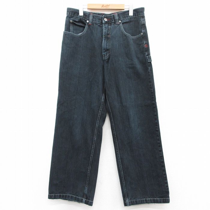 W33★古着 ジーンズ メンズ コットン 濃紺 ネイビー デニム 25jun16 中古 ボトムス ジーパン Gパン ロング パンツ