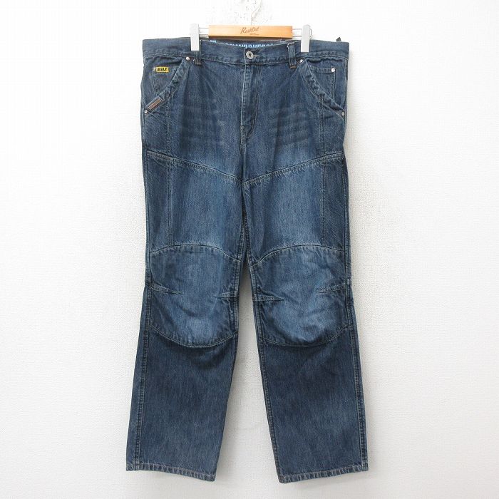 W40★古着 ジーンズ メンズ ダブルニー 大きいサイズ コットン 紺 ネイビー デニム 色むら加工 【spe】 25jun16 中古 ボトムス ジーパン Gパン ロング パンツ