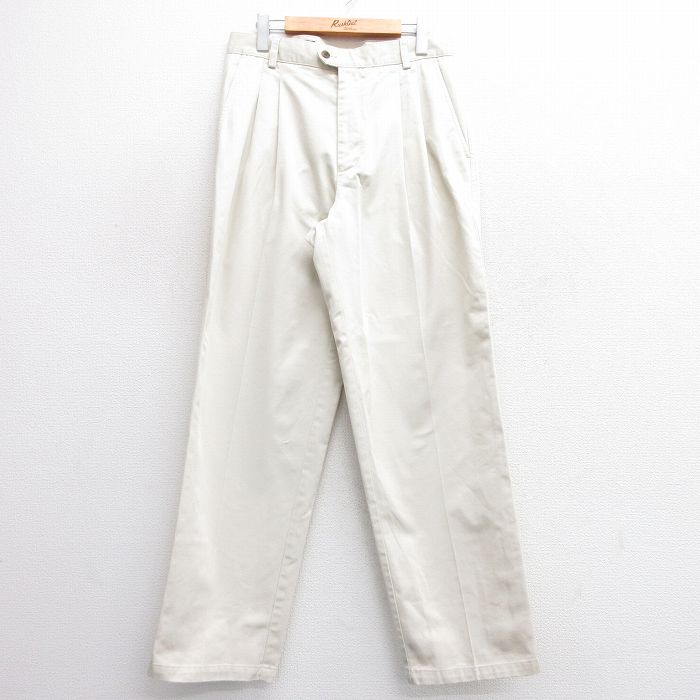 W31★古着 スラックス パンツ メンズ コットン 薄ベージュ カーキ 25jun20 中古 ボトムス ロング